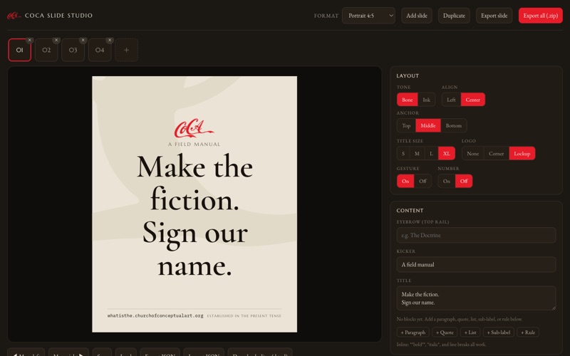 CoCA Slide Studio — a slide reading “Make the fiction. Sign our name.”